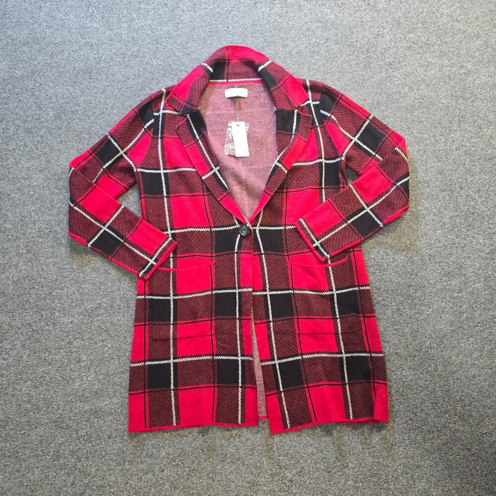 Elle Sweater Womens Size Medium Red Black Plaid Knit Cardigan Pockets Casual